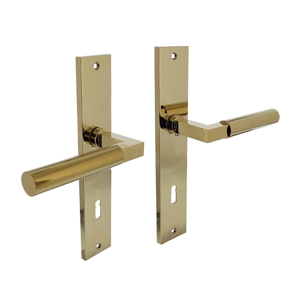 Deurkruk Baustil op langschild 245x45mm sleutelgat 78mm PVD messingkleur afbeelding
