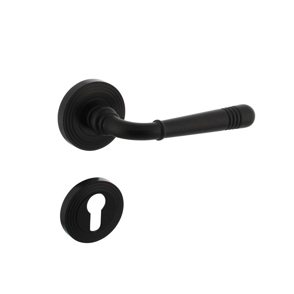 Deurkruk Emily op rozet verdekt met rillen ø55x10mm met nokken en cilinderrozetten zwart afbeelding