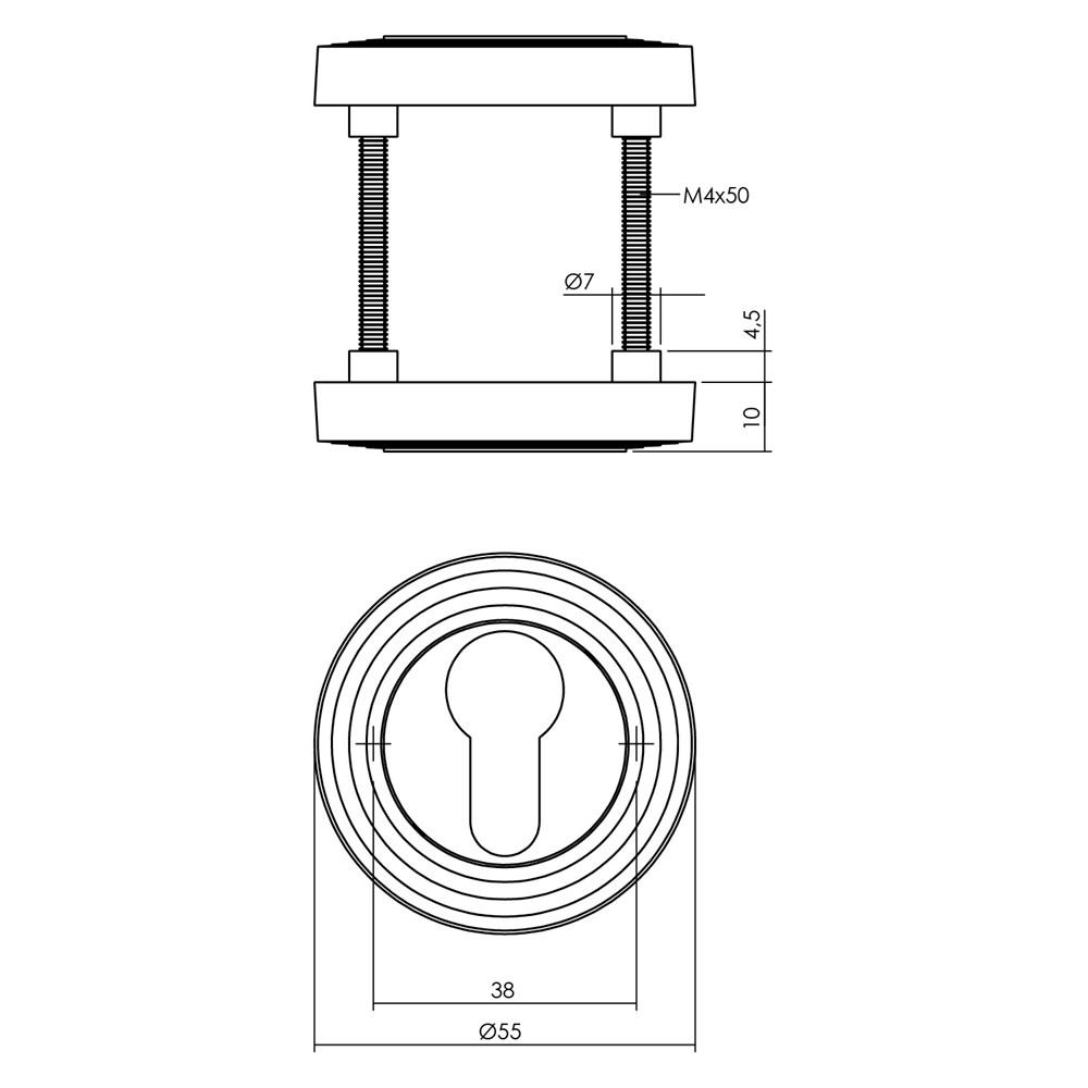 Cilinderrozetten verdekt met rillen ø55x10mm en nokken nikkel mat afbeelding