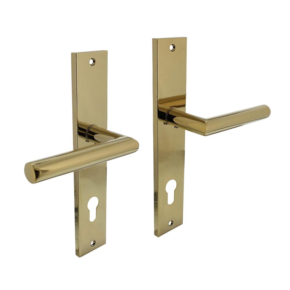Deurkruk Bastian op schild rechthoekig 245x45mm profielcilindergat 78mm PVD messingkleur afbeelding