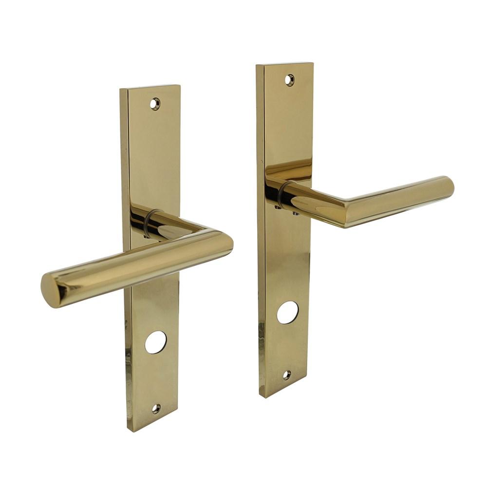 Deurkruk Bastian op schild rechthoekig 245x45mm rondcilindergat 78mm PVD messingkleur afbeelding