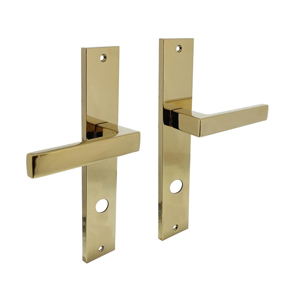 Deurkruk Hera op schild rechthoekig 245x45mm rondcilindergat 78mm PVD messingkleur afbeelding
