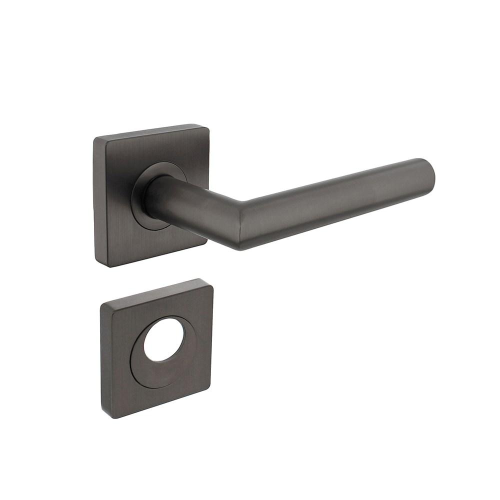 Deurkruk Bastian op rozet verdekt 55x55x10mm met nokken en rondcilinderrozetten antraciet grijs afbeelding