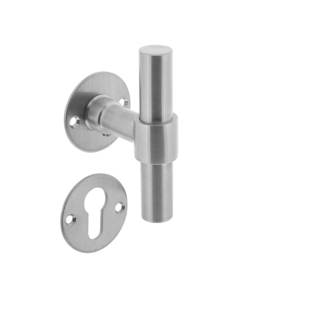 Deurkruk L/T recht met rozet ø50x2mm en cilinderrozetten rvs afbeelding