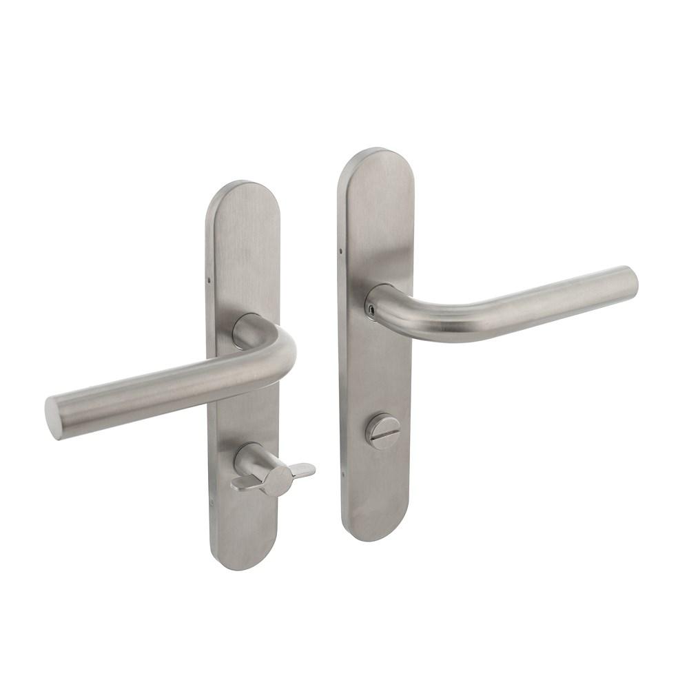 Deurkruk Recht op schild verdekt ovaal 219x40mm met nokken wc 72/8mm rvs EN1906/4 afbeelding