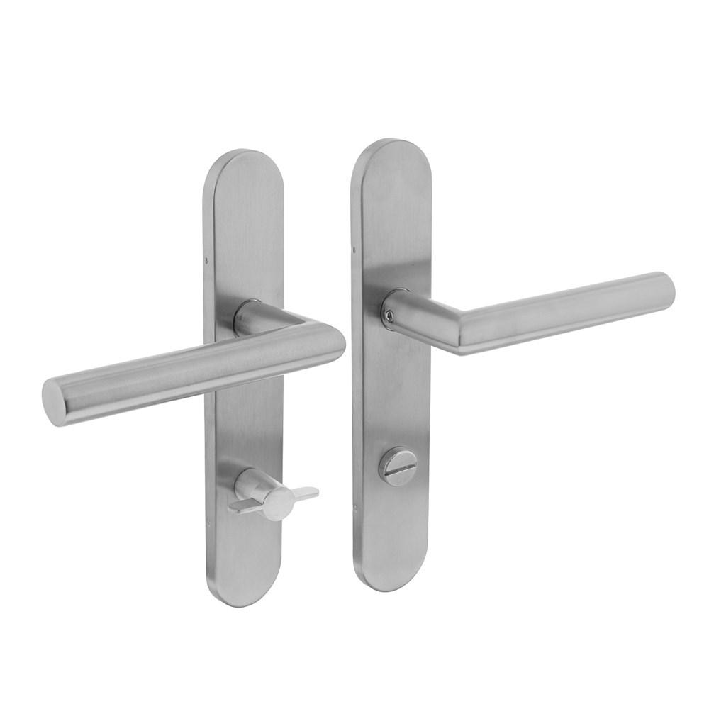 Deurkruk Jura op schild verdekt ovaal 219x40mm met nokken wc 72/8mm rvs EN1906/4 afbeelding