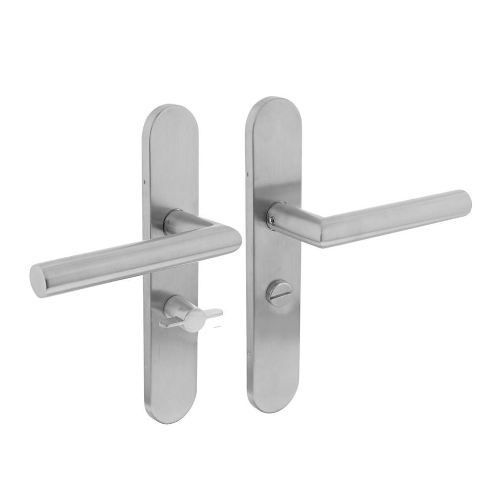 Deurkruk Jura op schild verdekt ovaal 219x40mm met nokken wc 55/8mm rvs EN1906/4 afbeelding