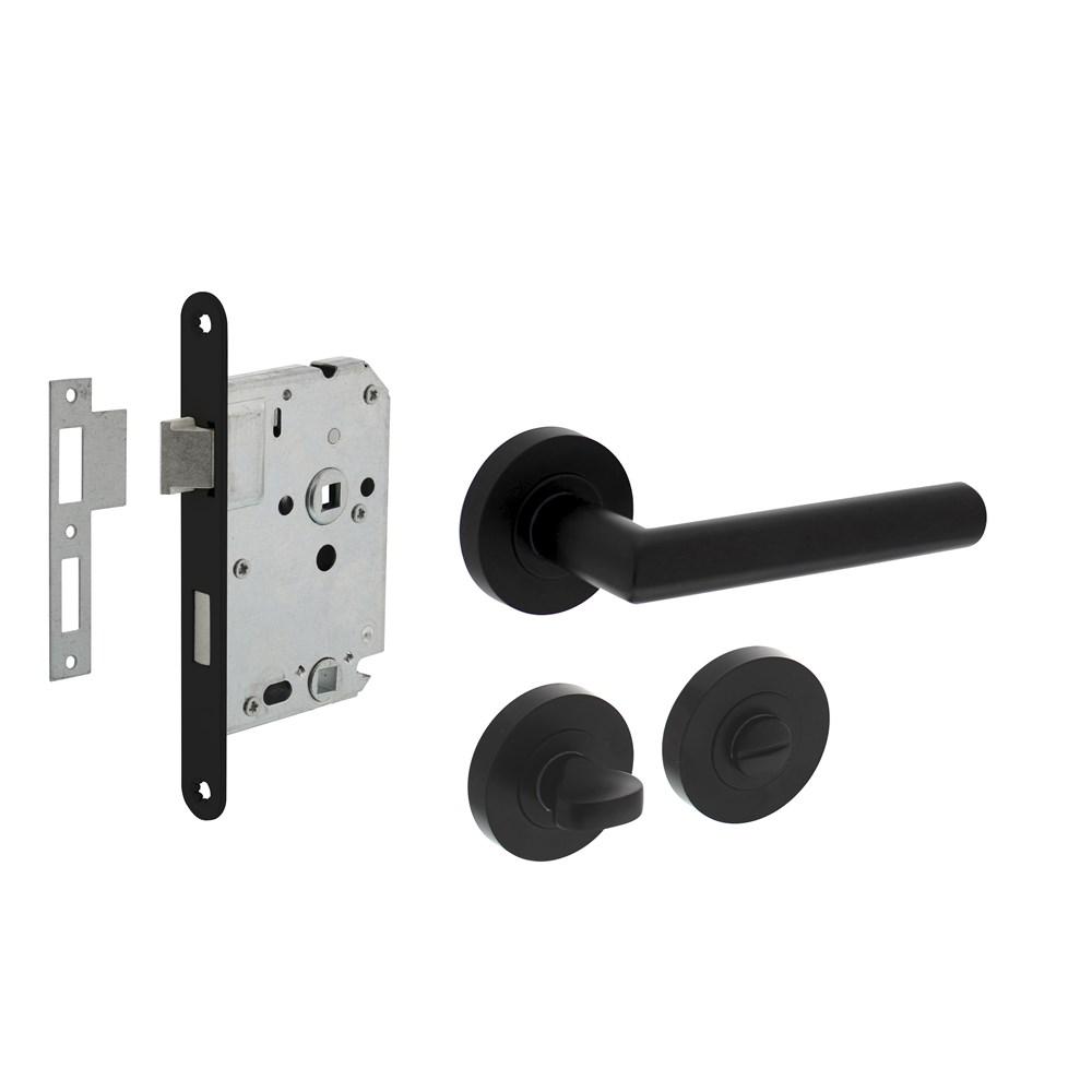 Set toiletslot 63/8mm zwart met deurkruk Bastian op rozet ø52x10mm en WC-sluiting zwart afbeelding