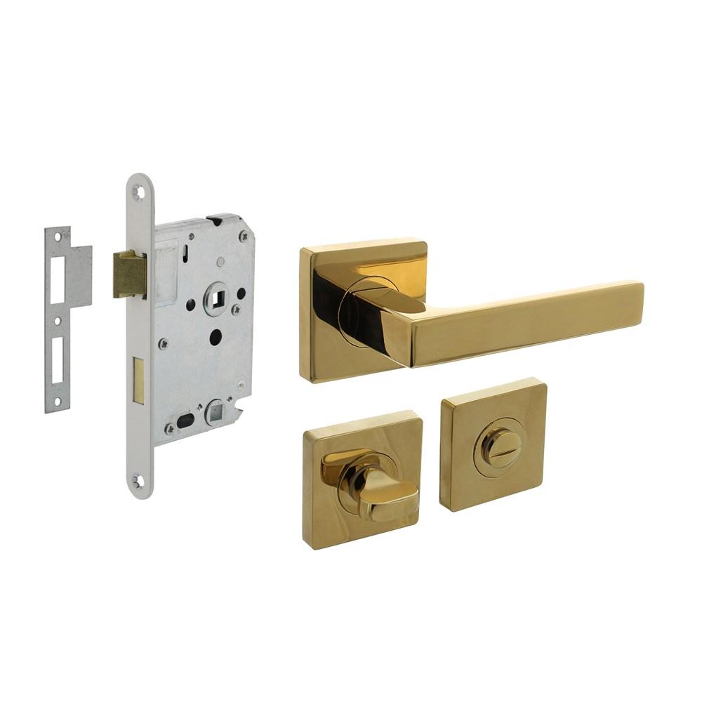 Set toiletslot 63/8mm wit met deurkruk Hera op rozet 55x55mm en WC-sluiting PVD messingkleur afbeelding