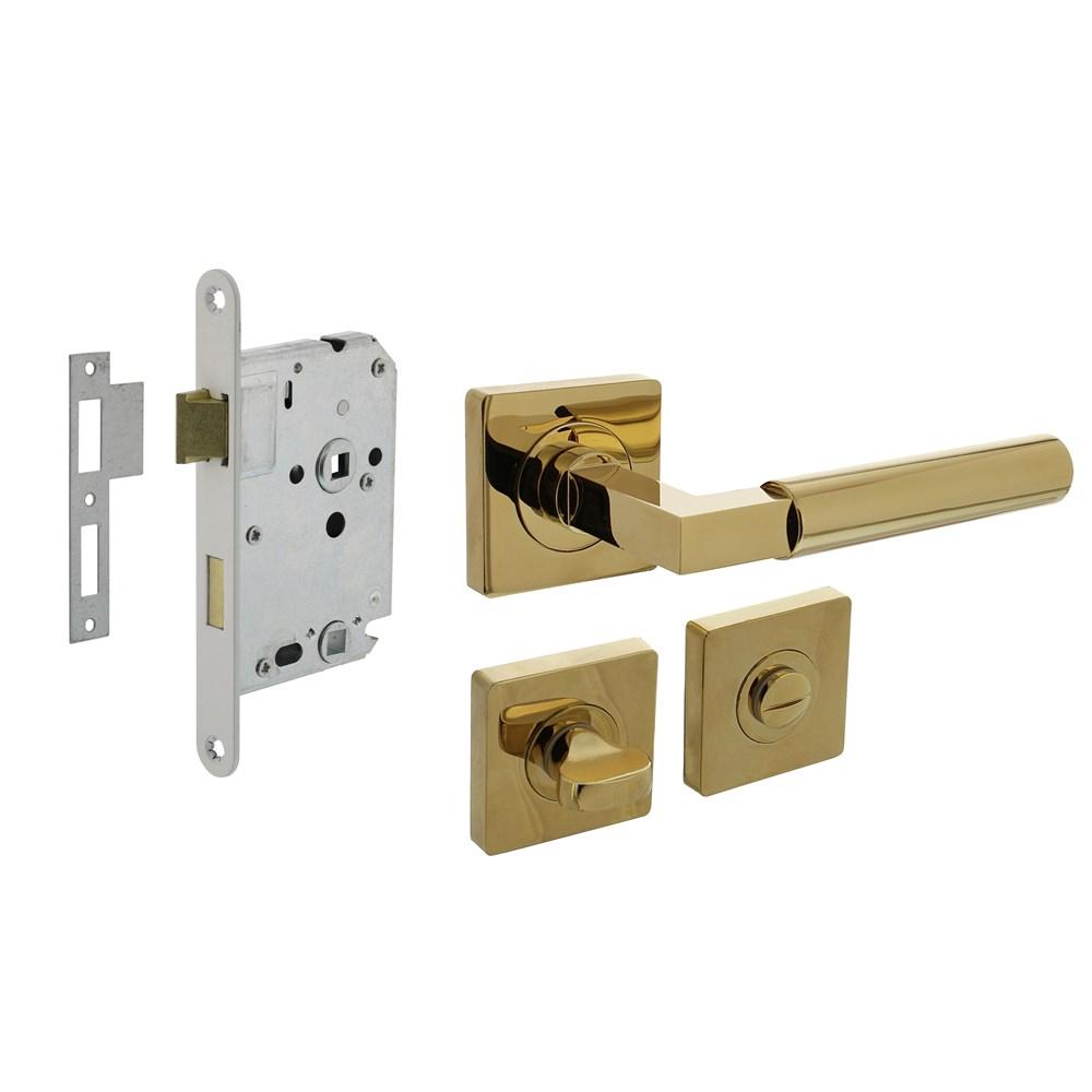 Set toiletslot 63/8mm wit met deurkruk Baustil op rozet 55x55mm en WC-sluiting PVD messingkleur afbeelding