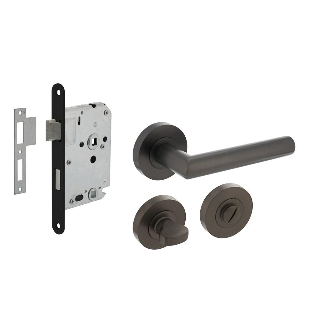 Set toiletslot 63/8 zwart met deurkruk Bastian op rozet ø52x10mm en WC-sluiting antraciet grijs afbeelding