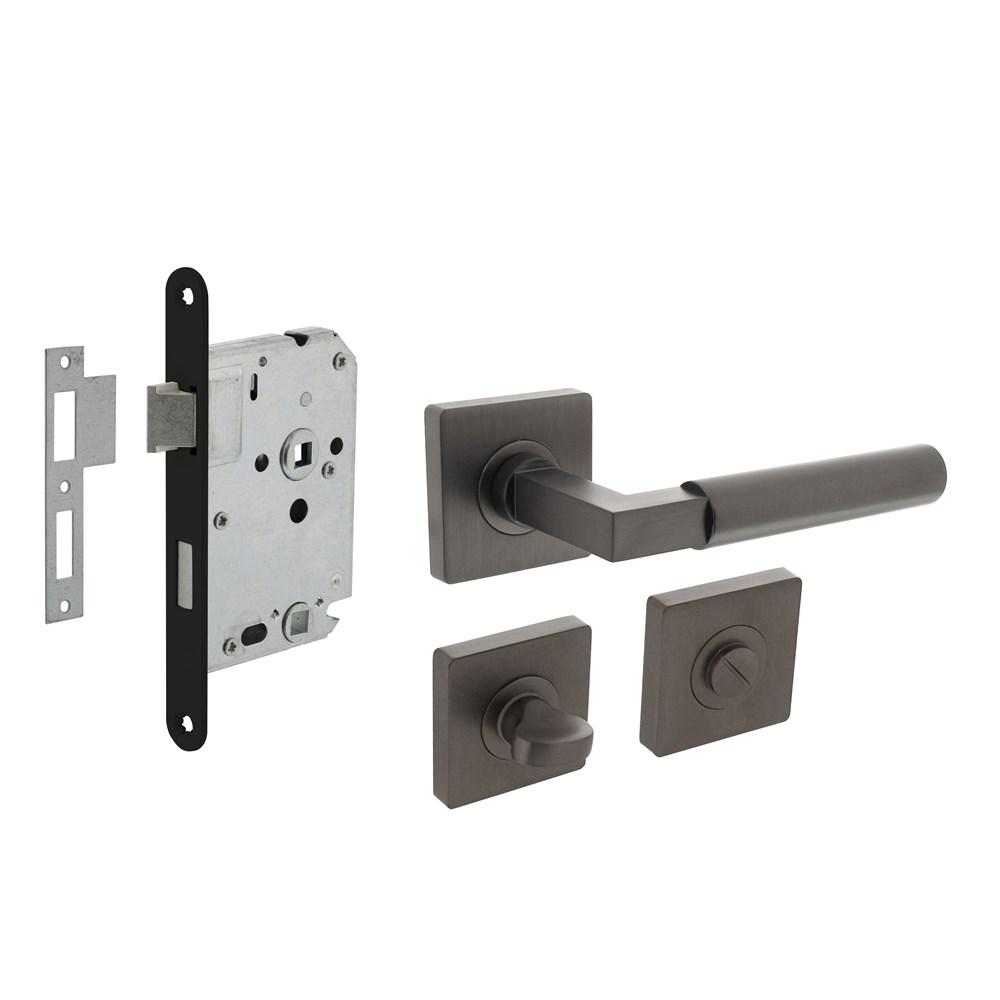 Set toiletslot 63/8mm zwart met deurkruk Baustil op rozet 55x55mm en WC-sluiting antraciet grijs afbeelding