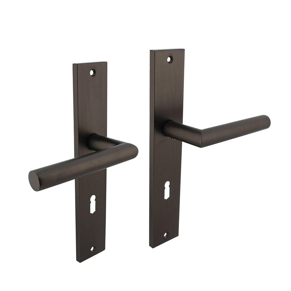 Deurkruk Bastian op schild rechthoekig 245x45mm sleutelgat 72mm antraciet grijs afbeelding