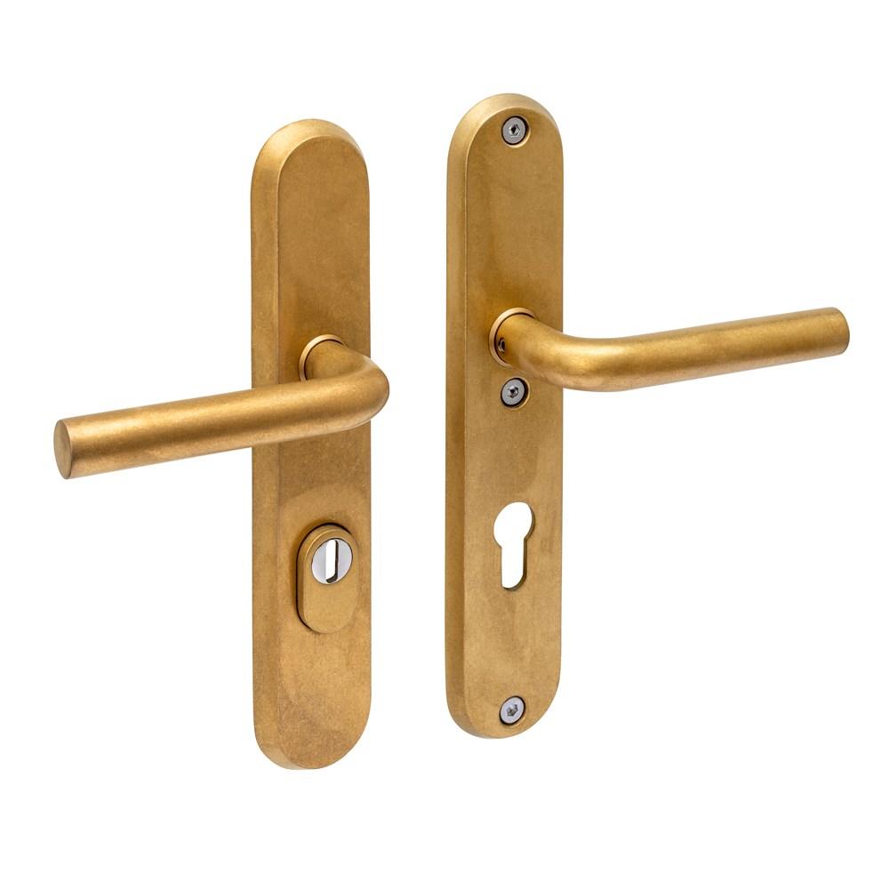 SKG3 veiligh.beslag 250x50mm kruk/kruk Luzern m.veerconstructie profielcil.gat 72mm PVD messing getr afbeelding