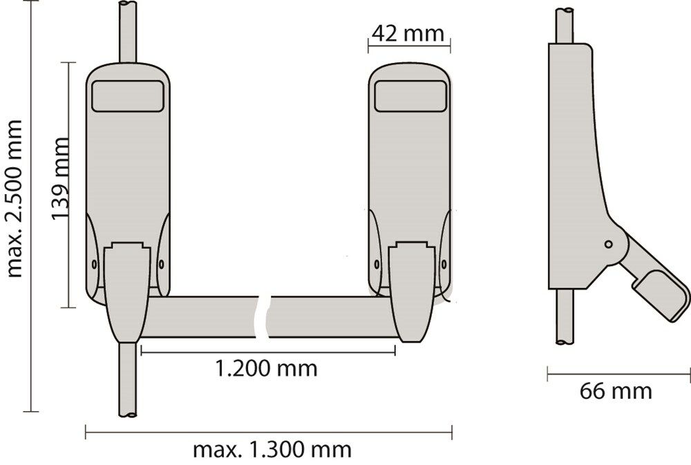 Paniekbalk 3-punts zijsluitend 1200mm zilver