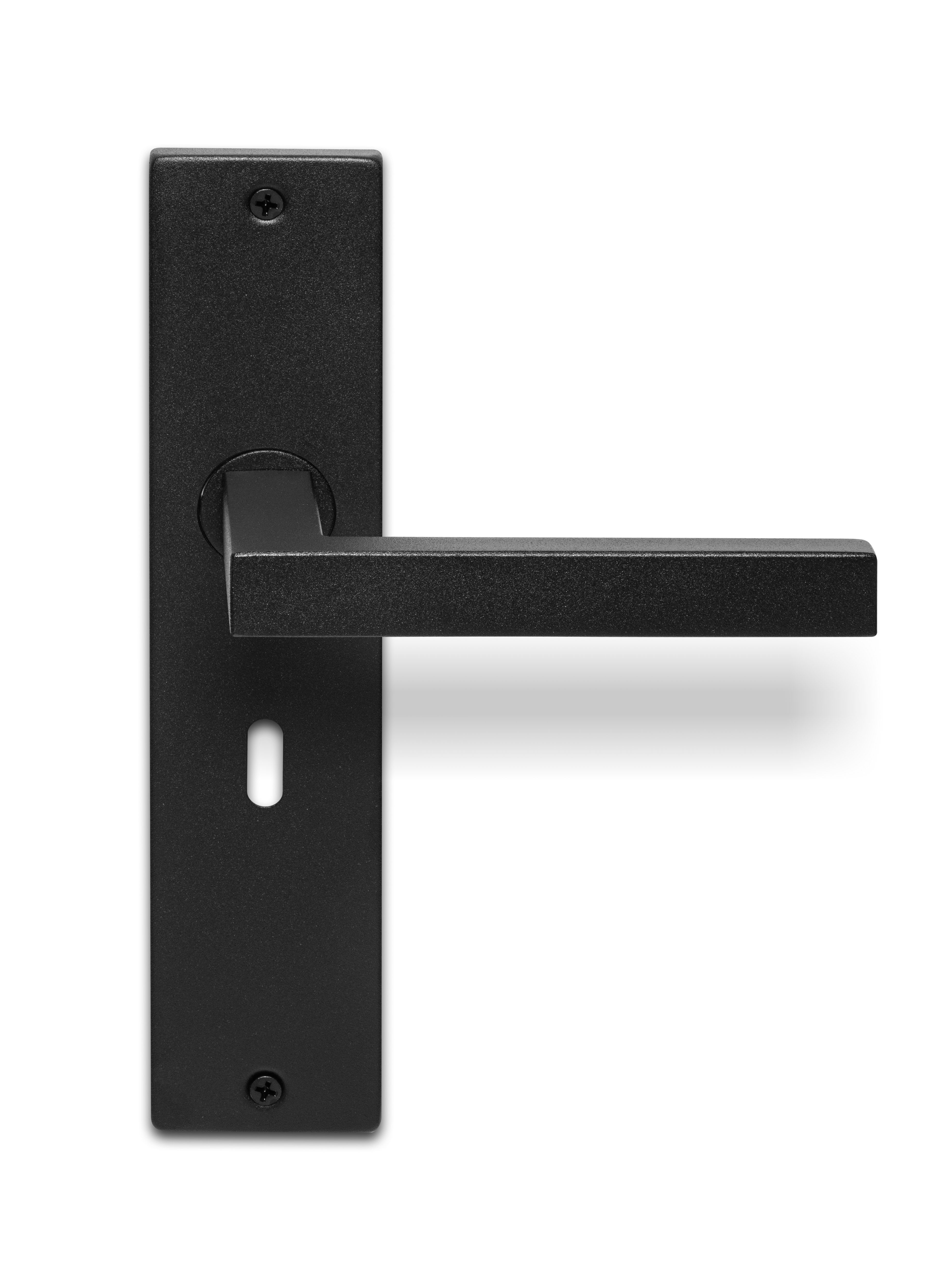Deurklink Linea zwart basis op langschild sleutelgat 56mm